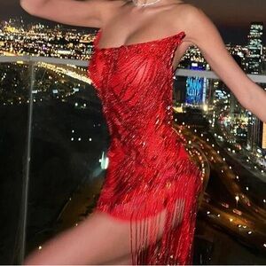 ONYX STRAPLESS CRYSTAL FRINGE MINI DRESS